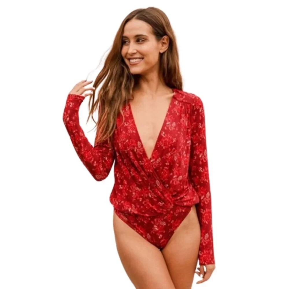 Intimately Free People Women's Small Bodysuit Turnt Floral Printed Surplice Red